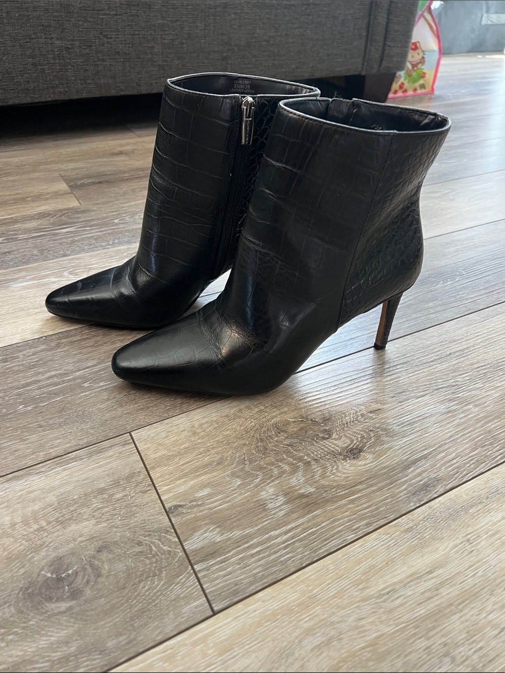 Vince Camuto Black Croc-Embossed Pointed Toe Ankle Boots